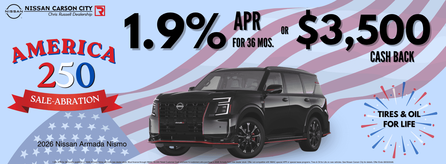 Nissan Carson City America 250 Sale-Abration banner promoting the 2026 Nissan Armada with 1.9% APR for 36 months or $3,500 cash back, plus Tires & Oil for Life.