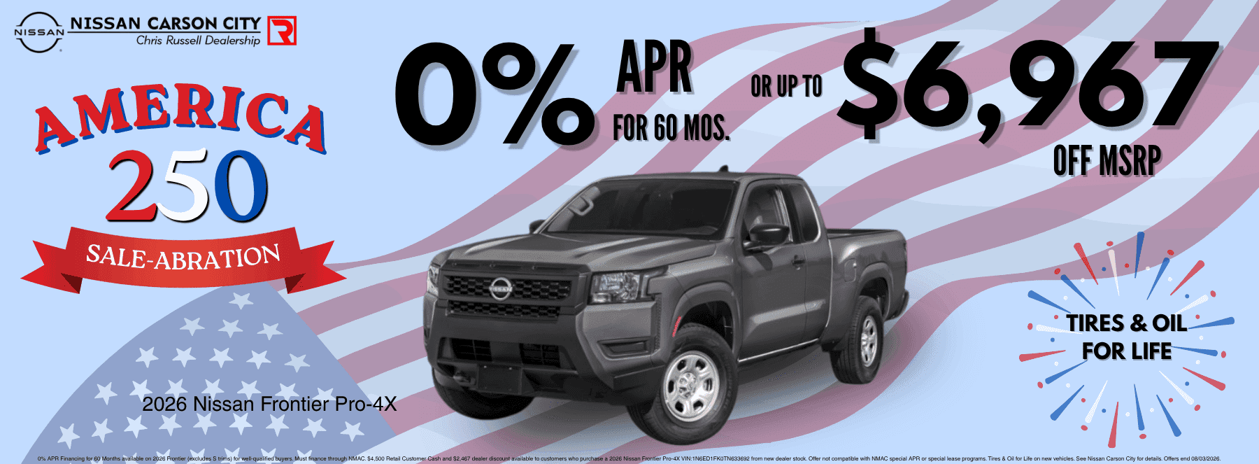Nissan Carson City America 250 Sale-Abration banner promoting the 2026 Nissan Frontier Pro-4X with 0% APR for 60 months or $6,967 off MSRP, plus Tires & Oil for Life.