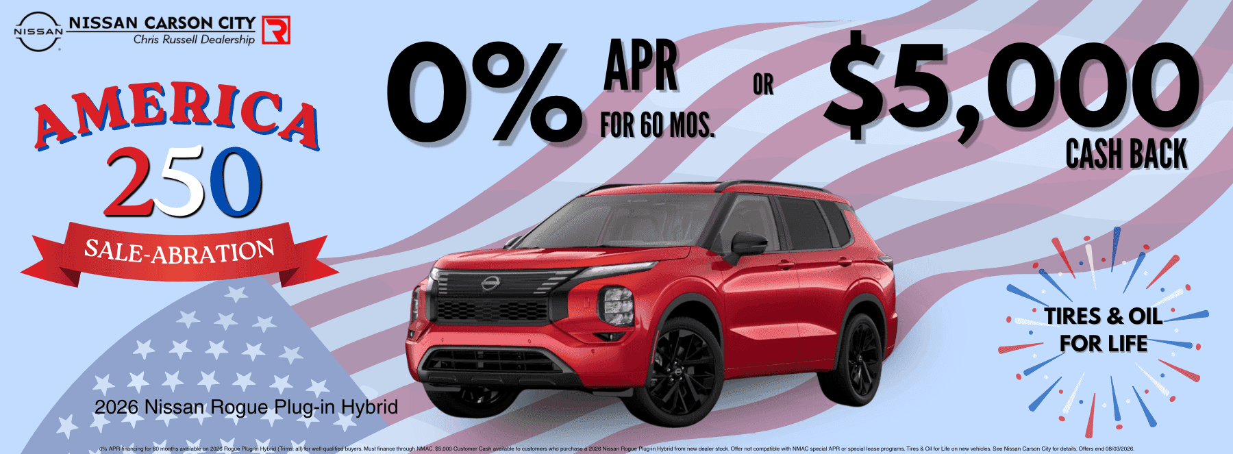 Nissan Carson City America 250 Sale-Abration banner promoting the 2026 Nissan Rogue Plug-In Hybrid with 0% APR for 60 months or $5,000 cash back, plus Tires & Oil for Life.