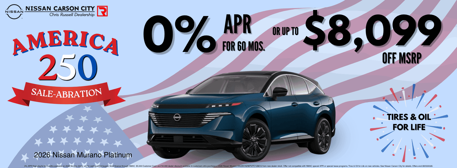 Nissan Carson City America 250 Sale-Abration banner promoting the 2026 Nissan Murano Platinum with 0% APR for 60 months or up to $8,099 off MSRP, plus Tires & Oil for Life.