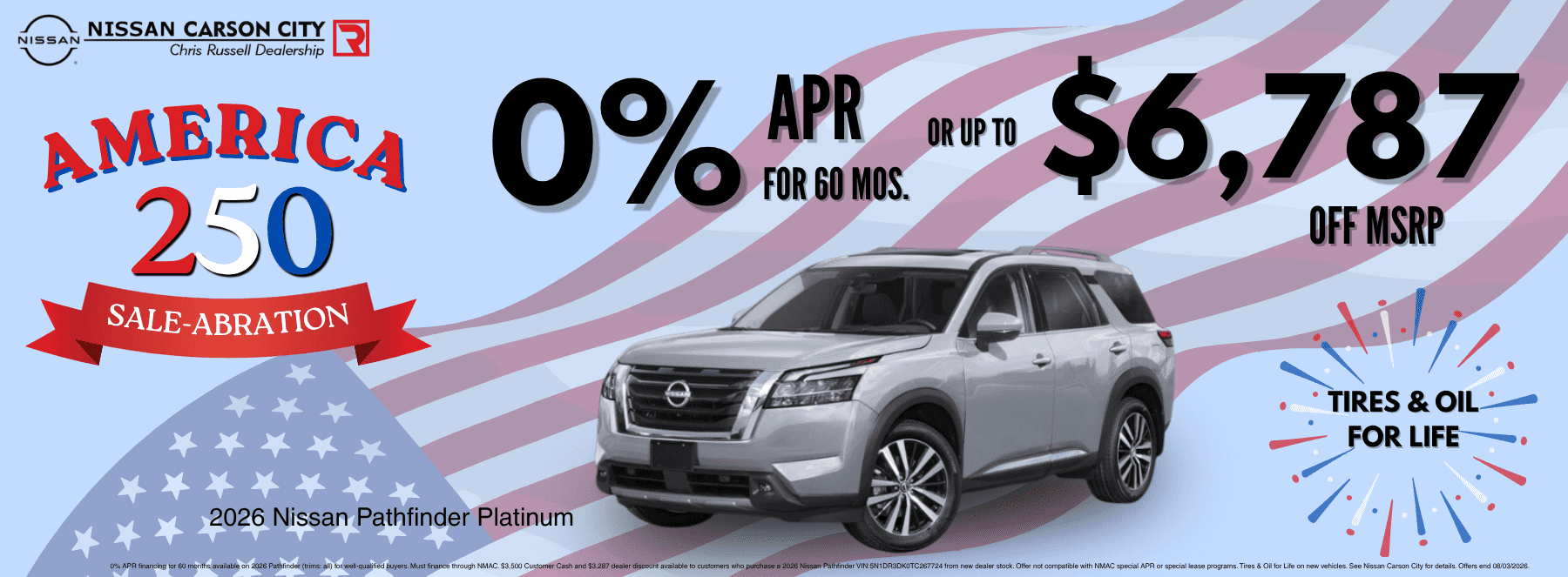 Nissan Carson City America 250 Sale-Abration banner promoting the 2026 Nissan Pathfinder Platinum with 0% APR for 60 months or up to $6,787 off MSRP, plus Tires & Oil for Life.