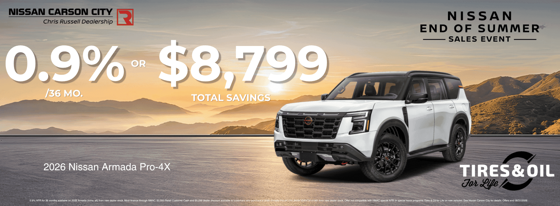 Nissan Carson City End of Summer Sales Event banner featuring a white 2026 Nissan Armada Pro-4X with 0.9% APR financing for 36 months or up to $8,799 total savings, plus Tires & Oil for Life at Nissan Carson City in Carson City, Nevada.