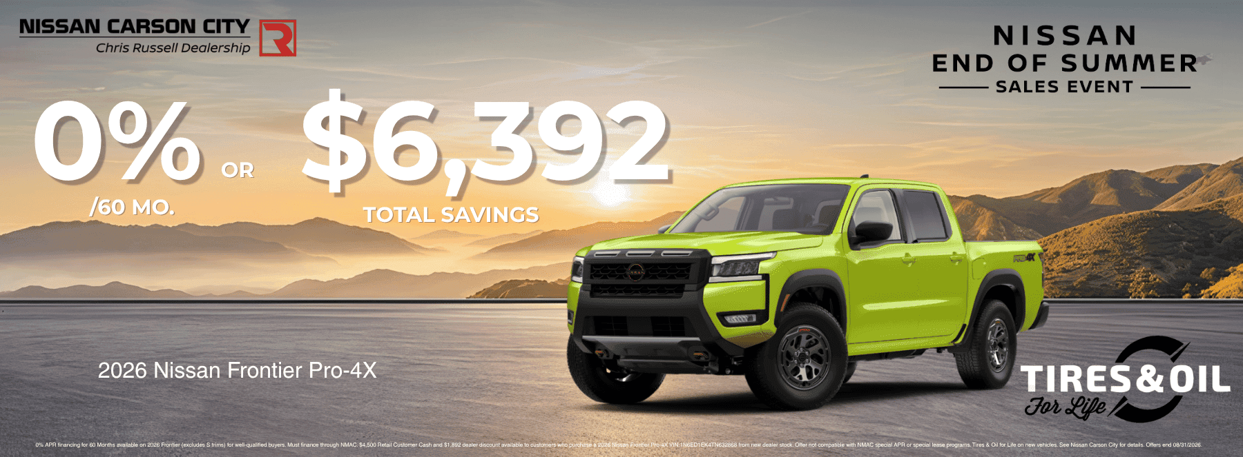 Nissan Carson City End of Summer Sales Event banner featuring a green 2026 Nissan Frontier Pro-4X with 0% APR financing for 60 months or up to $6,392 total savings, plus Tires & Oil for Life at Nissan Carson City in Carson City, Nevada.
