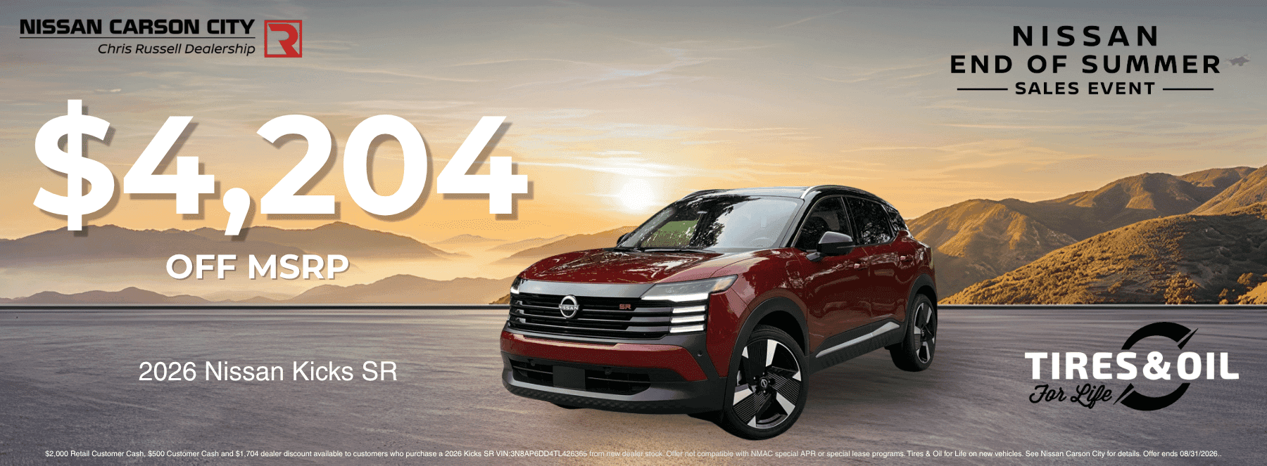 Nissan Carson City End of Summer Sales Event banner featuring a red 2026 Nissan Kicks SR with $4,204 off MSRP, plus Tires & Oil for Life at Nissan Carson City in Carson City, Nevada.