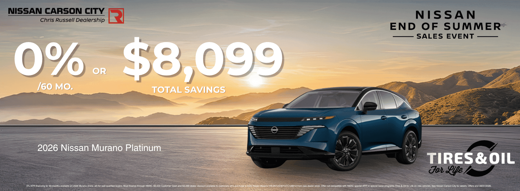 Nissan Carson City End of Summer Sales Event banner featuring a blue 2026 Nissan Murano Platinum with 0% APR financing for 60 months or up to $8,099 total savings, plus Tires & Oil for Life at Nissan Carson City in Carson City, Nevada.