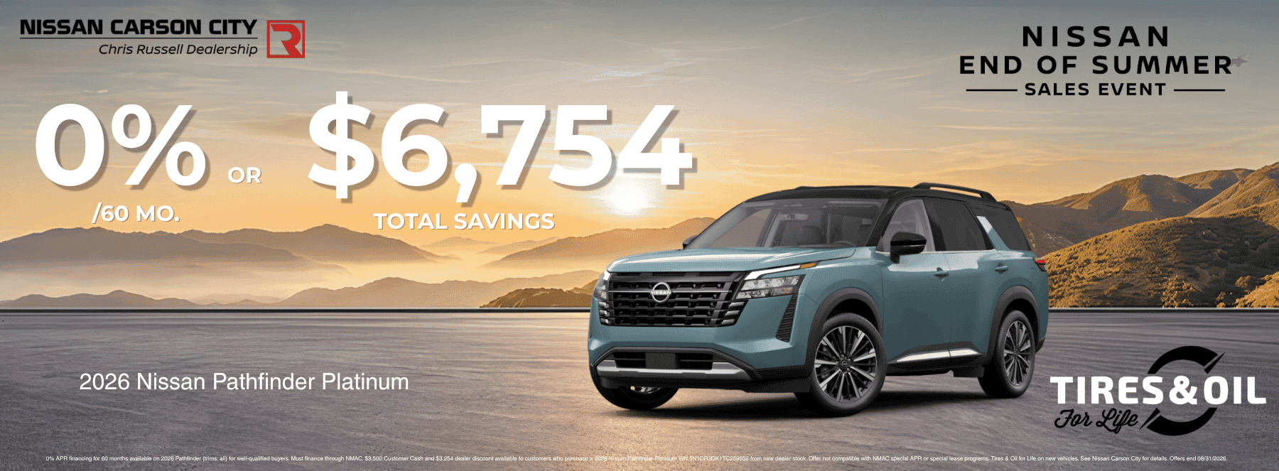 Nissan Carson City End of Summer Sales Event banner featuring a blue 2026 Nissan Pathfinder Platinum with 0% APR financing for 60 months or up to $6,754 total savings, plus Tires & Oil for Life at Nissan Carson City in Carson City, Nevada.
