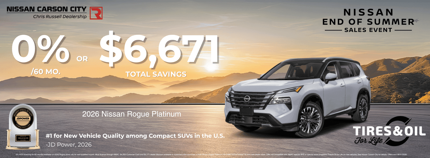 Nissan Carson City End of Summer Sales Event banner featuring a silver 2026 Nissan Rogue Platinum with 0% APR financing for 60 months or up to $6,671 total savings, plus Tires & Oil for Life at Nissan Carson City in Carson City, Nevada.