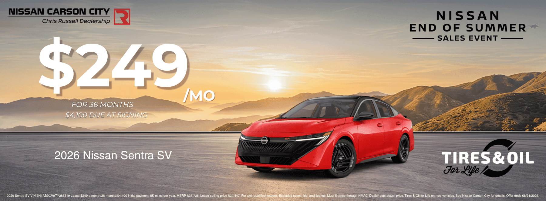Nissan Carson City End of Summer Sales Event banner featuring a red 2026 Nissan Sentra SV with a lease offer of $249 per month for 36 months and Tires & Oil for Life at Nissan Carson City in Carson City, Nevada.