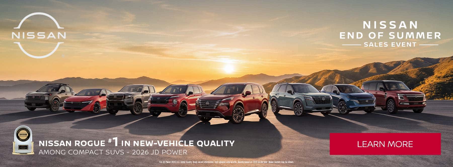 A lineup of Nissan Rogues with the JD Power Award for the Nissan End of Summer Sales Event