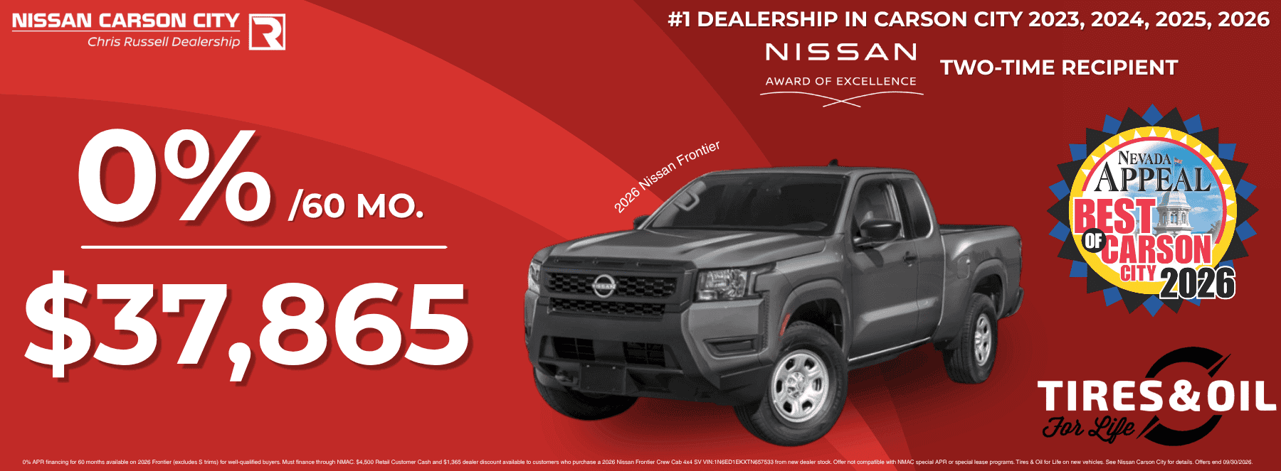 Nissan Frontier Truck 0% APR offer or $37,865 selling price at Nissan Carson City in Carson City, Nevada