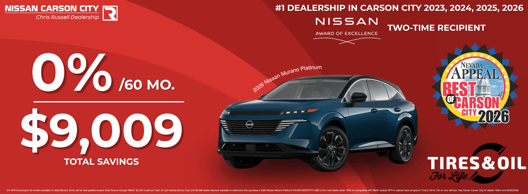 Nissan Murano SUV 0% APR offer with $9,009 total savings at Nissan Carson City in Carson City, Nevada