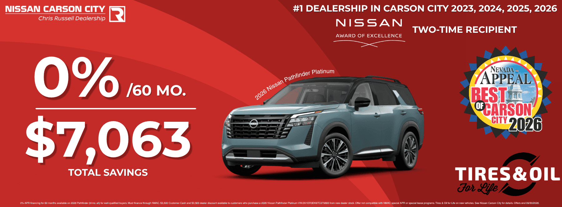 Nissan Pathfinder SUV 0% APR offer with $7,063 total savings at Nissan Carson City in Carson City, Nevada