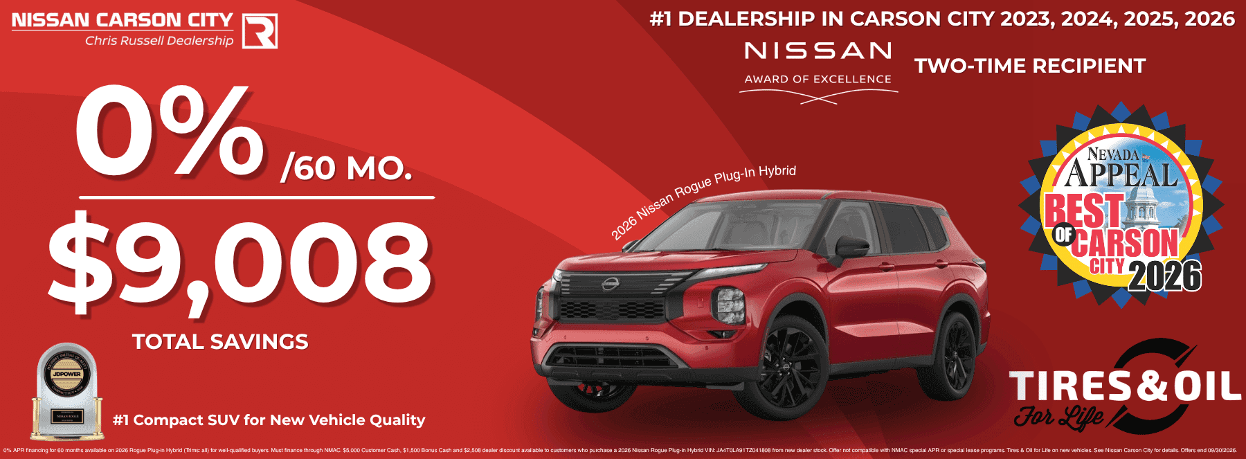 Nissan Rogue Plug-In Hybrid SUV 0% APR offer with $9,008 total savings at Nissan Carson City in Carson City, Nevada