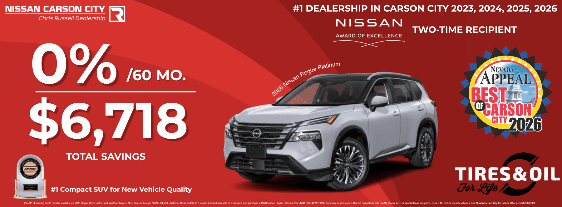 Nissan Rogue SUV 0% APR offer with $6,718 total savings at Nissan Carson City in Carson City, Nevada