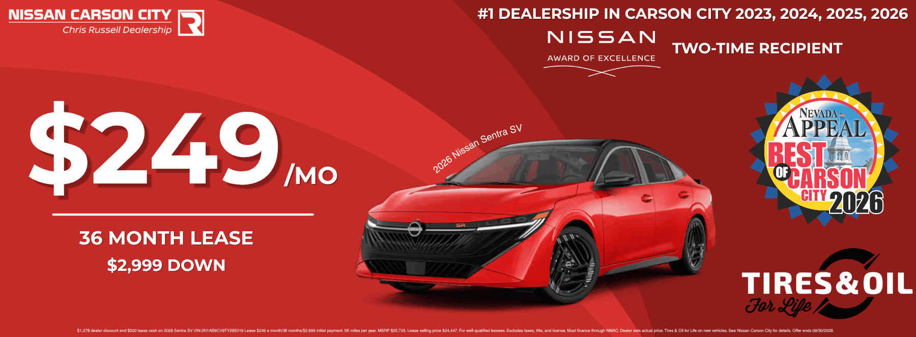 A $249/month lease offer for a 2026 Nissan Sentra SV at Nissan Carson City