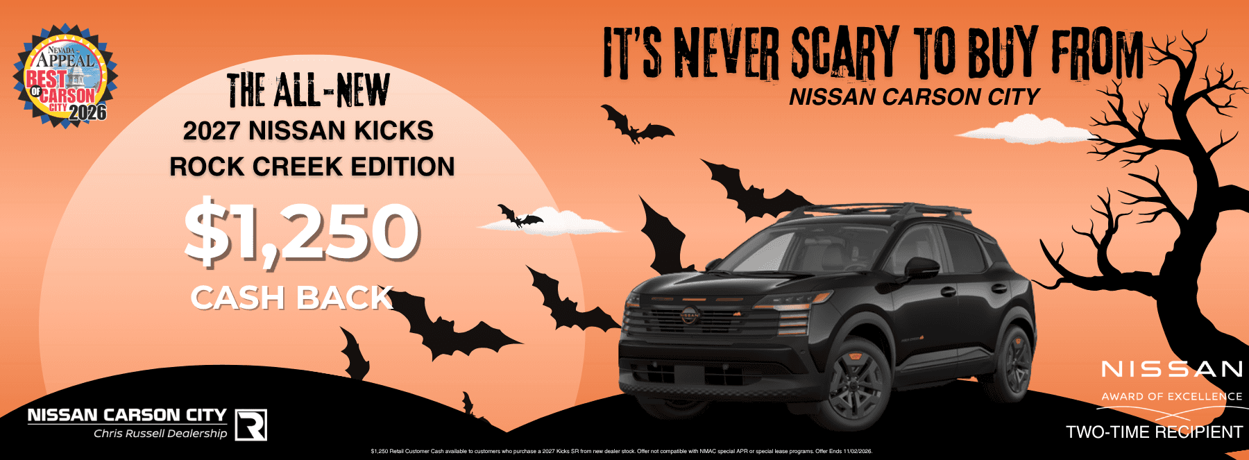 October Deal on 2027 Nissan Kicks Rock Creek Edition | $1,250 Cash Back