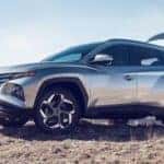 Silver 2022 Hyundai Tucson with Tailgate Open on a Trail