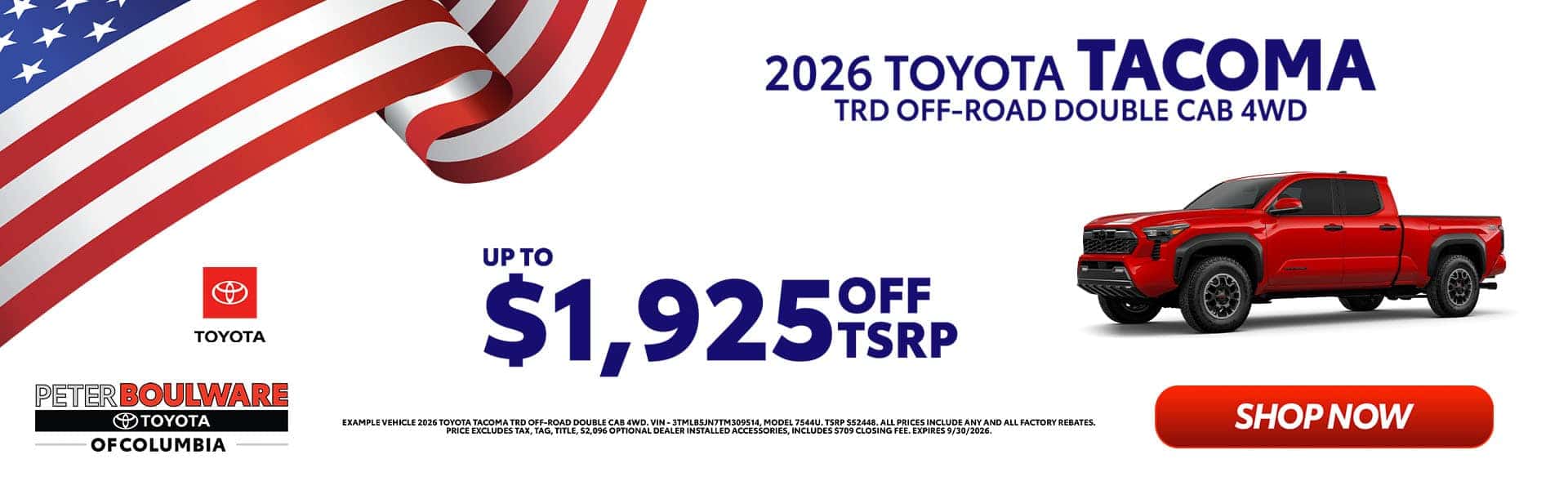 New 2026 Toyota Tacoma Up to $1295 off tsrp Toyota of Columbia SC