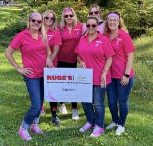 A group of people around Ruge's a sign at the Miles of Hope Breast Cancer Walk.