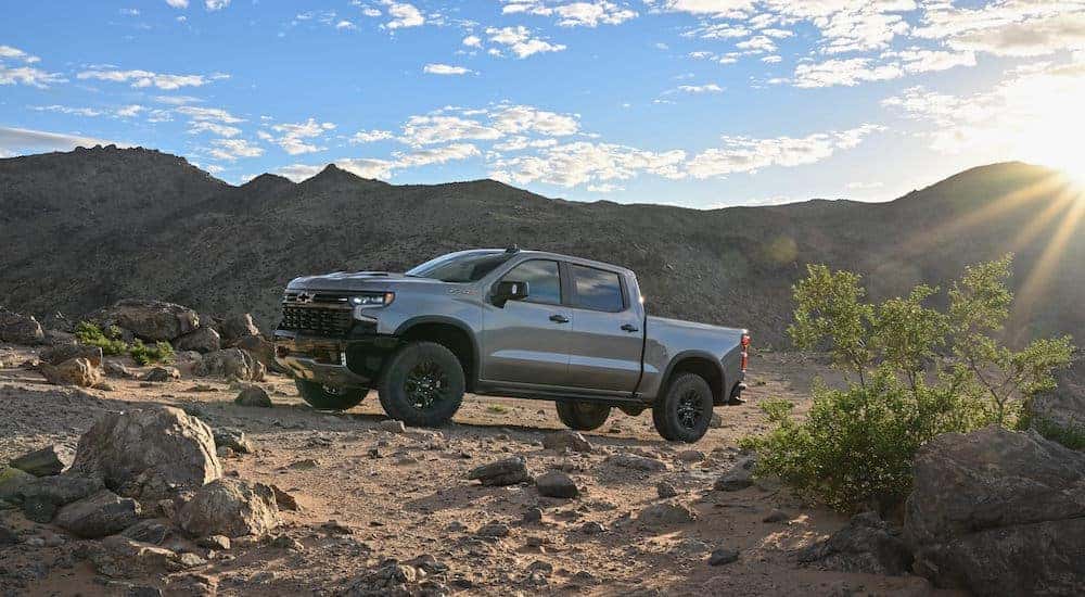 A grey 2024 Chevy Silverado 1500 ZR2 is shown from the side.