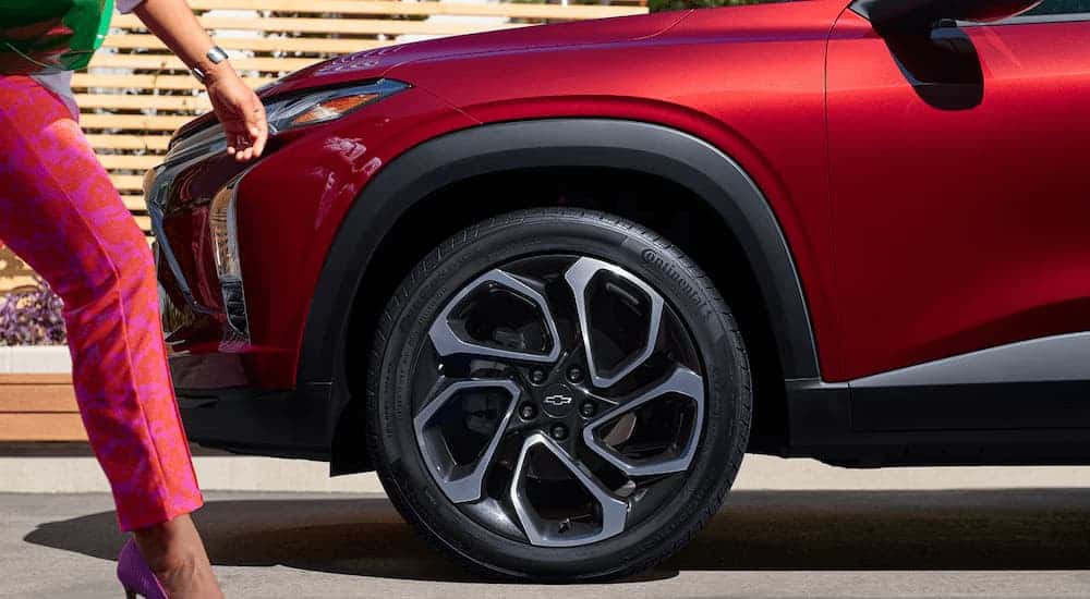 Front side of a red 2025 Chevy Trax RS.