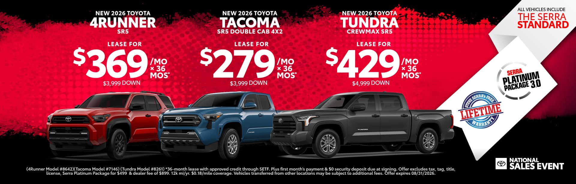New 2026 Toyota 4Runner SR5 $369/mo, Tacoma SR5 $279/mo, Tundra CrewMax SR5 $429/mo - National Sales Event