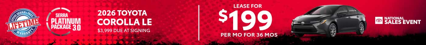 2026 Toyota Corolla LE lease $199/mo SRP banner