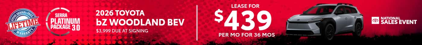 2026 Toyota bZ Woodland BEV lease $439/mo SRP banner