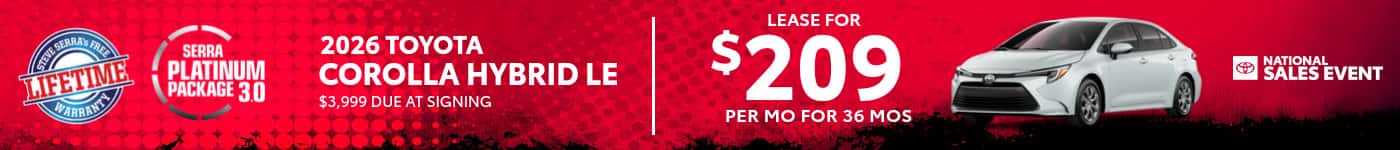 2026 Toyota Corolla Hybrid LE lease $209/mo SRP banner