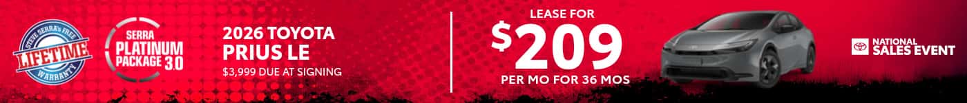 2026 Toyota Prius LE lease $209/mo SRP banner