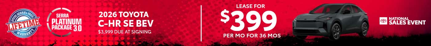 2026 Toyota C-HR SE BEV lease $399/mo SRP banner