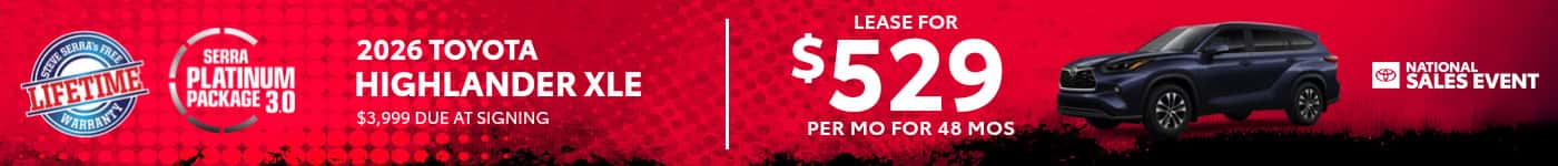 2026 Toyota Highlander XLE lease $529/mo SRP banner