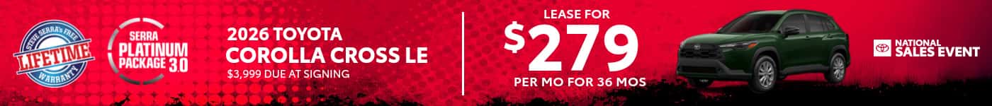 2026 Toyota Corolla Cross LE lease $279/mo SRP banner