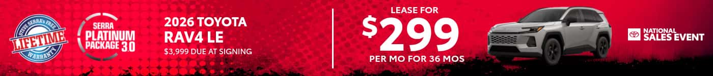 2026 Toyota RAV4 LE lease $299/mo SRP banner