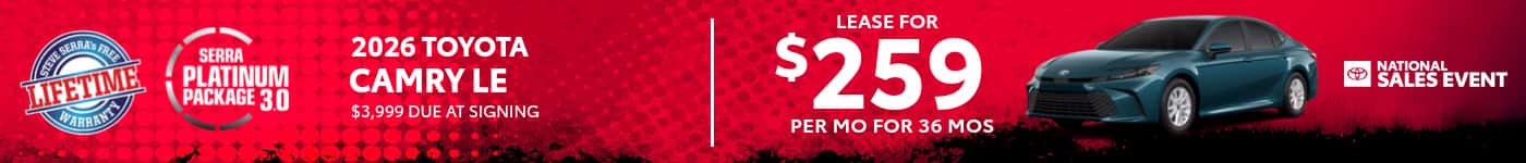 2026 Toyota Camry LE lease $259/mo SRP banner