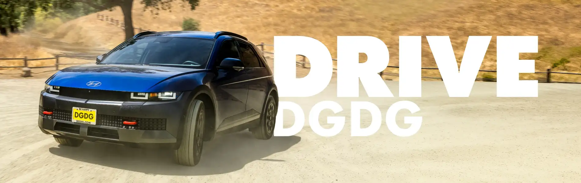Blue Hyundai Ioniq 5 XRT electric SUV driving on a dirt road with 'DRIVE DGDG' hero text overlay.