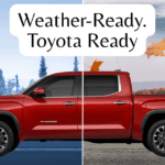 Toyota Tundra on a road showing winter and autumn weather conditions, ideal for Ohio all-weather driving
