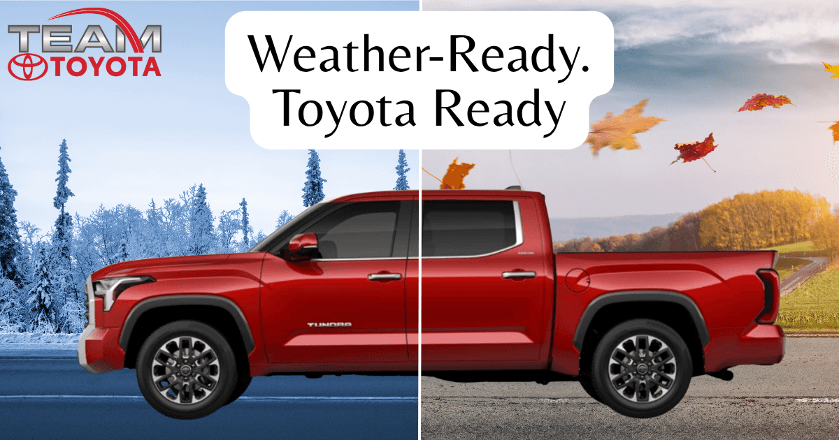 Toyota Tundra on a road showing winter and autumn weather conditions, ideal for Ohio all-weather driving