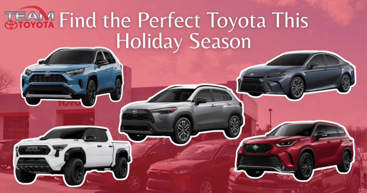 2025 Toyota RAV4, Camry, Highlander, Tacoma, and Corolla Cross parked together in Steubenville, OH, showcasing the best Toyota models for the holiday season