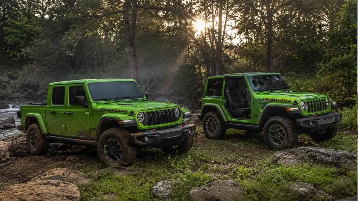 Jeep Gladiator and Jeep Wrangler in the woods