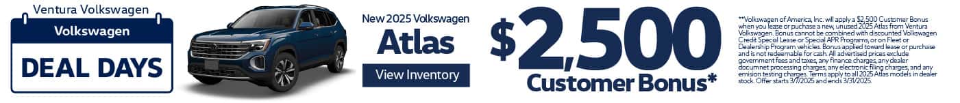 New 2025 Volkswagen Atlas $2,500 Customer Bonus