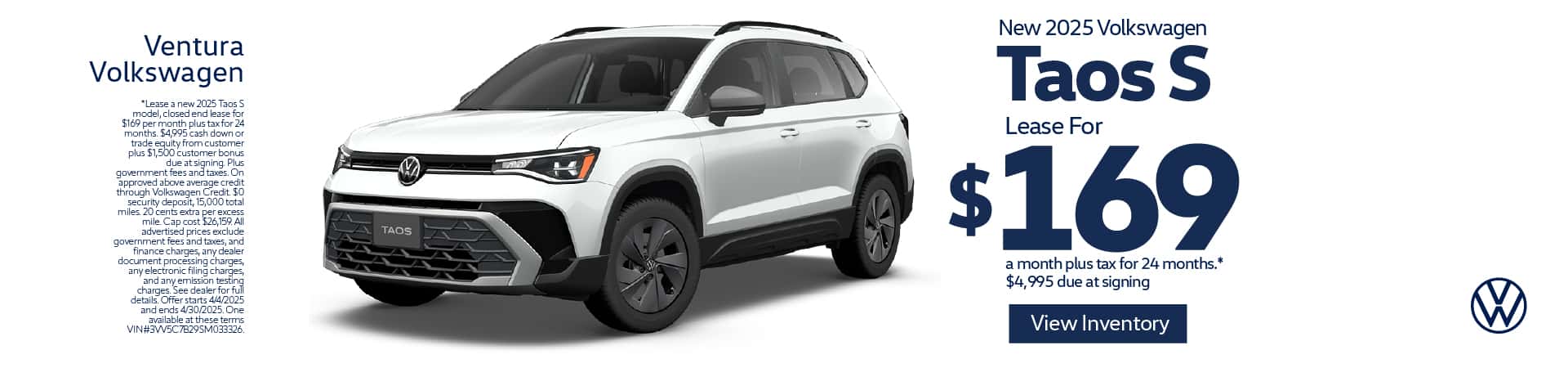 New 2025 Volkswagen Taos S "Lease For $169 a month plus tax for 24 months* $4,995 due at signing"