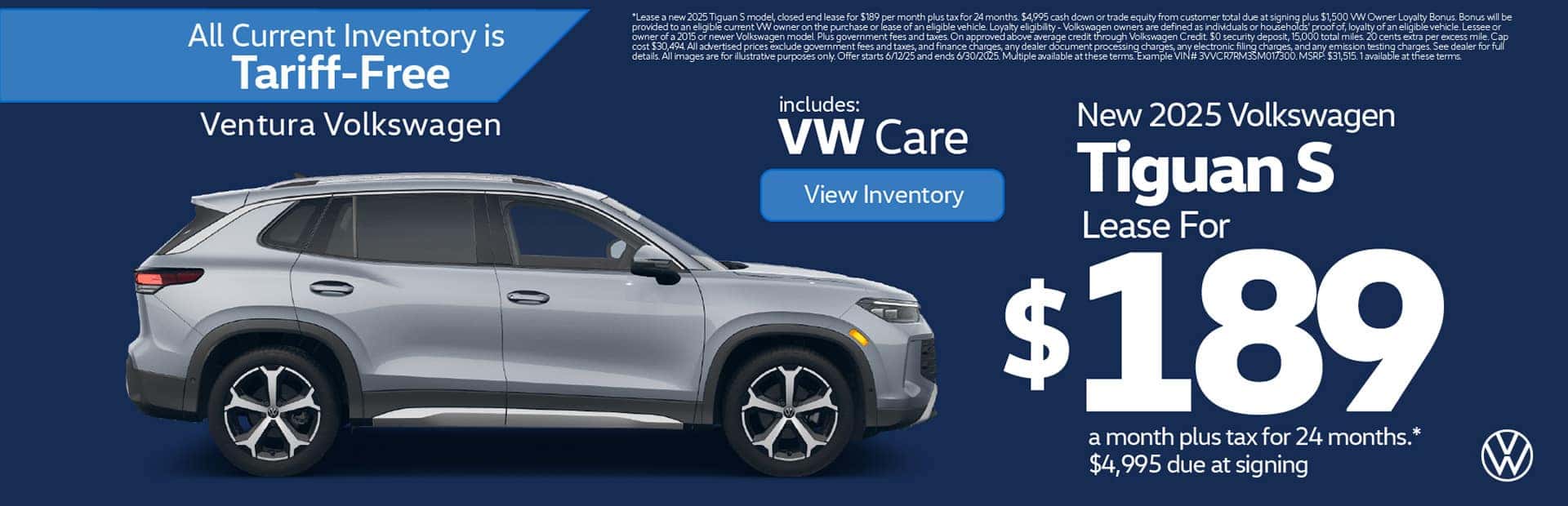 New 2025 Volkswagen Tiguan S "Lease for $189 a month plus tax for 24 months* $4,995 due at signing "