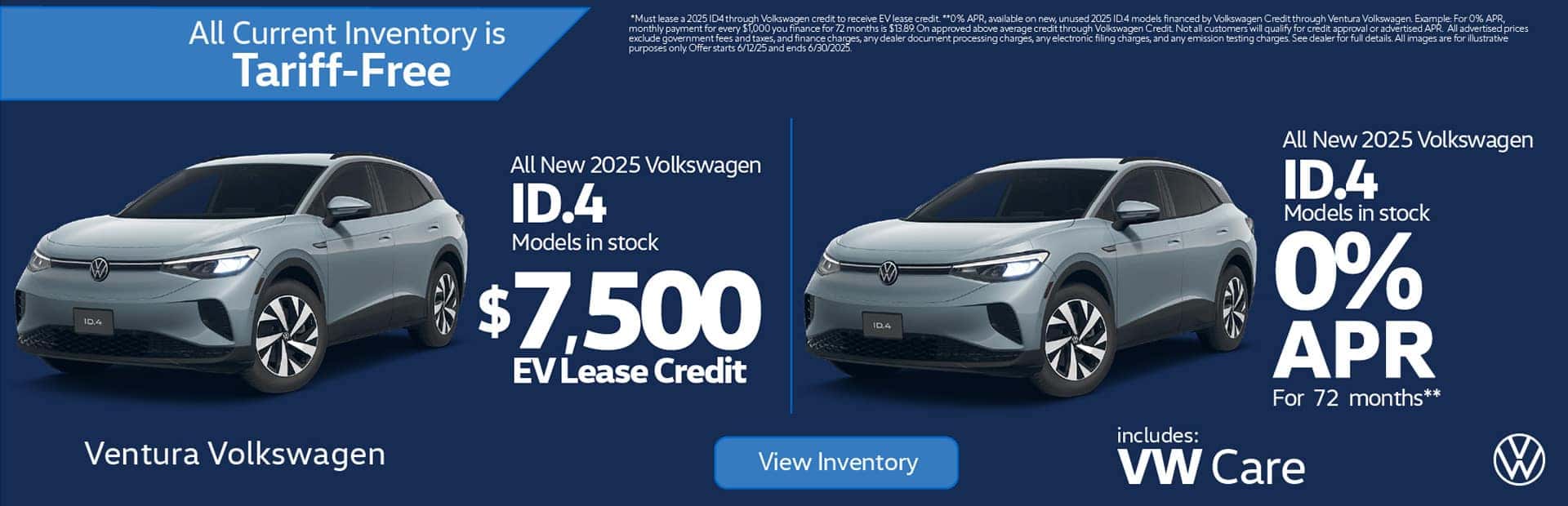 All New 2025 Volkswagen ID.4 Models in stock $7,500 EV Lease Credit* OR 0% APR for 72 mo**