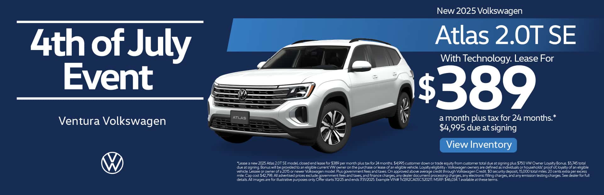 New 2025 Volkswagen Atlas 2.0T SE with Technology Lease for $389 a month please tax for 24 months* $4,995 due at signing.
