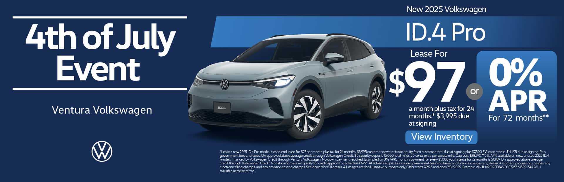 New 2025 Volkswagen ID.4 Pro Lease for $97 a month please tax for 24 months* $3,995 due at signing OR 0% APR for 72 months**