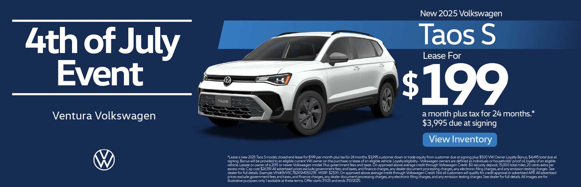 New 2025 Volkswagen Taos S "Lease For $199 a month plus tax for 24 months* $3,995 due at signing "