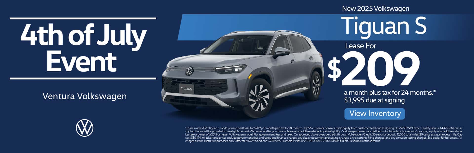 New 2025 Volkswagen Tiguan S "Lease for $209 a month plus tax for 24 months* $3,995 due at signing "
