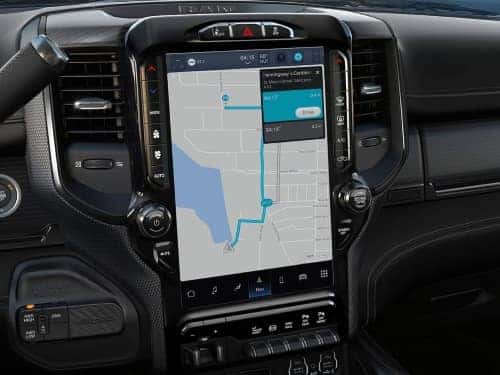 2024 RAM 3500 close up of touchscreen display showing map