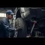 Mechanic inspects a Jeep Wrangler’s tires according to scheduled maintenance